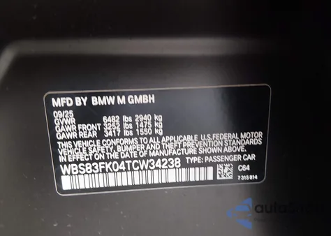 2026 BMW M5 z USA, uszkodzony, nr VIN WBS83FK04TCW34238